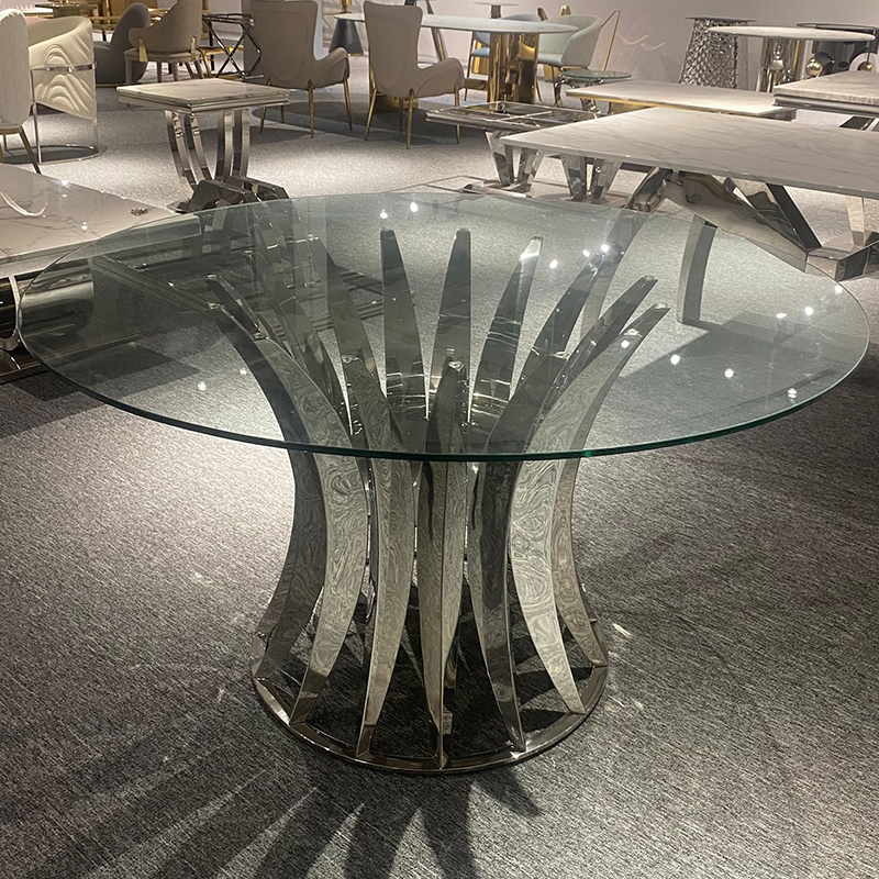 2023 new design living room furniture silver stainless steel base dining table custom size restaurant table with glass top