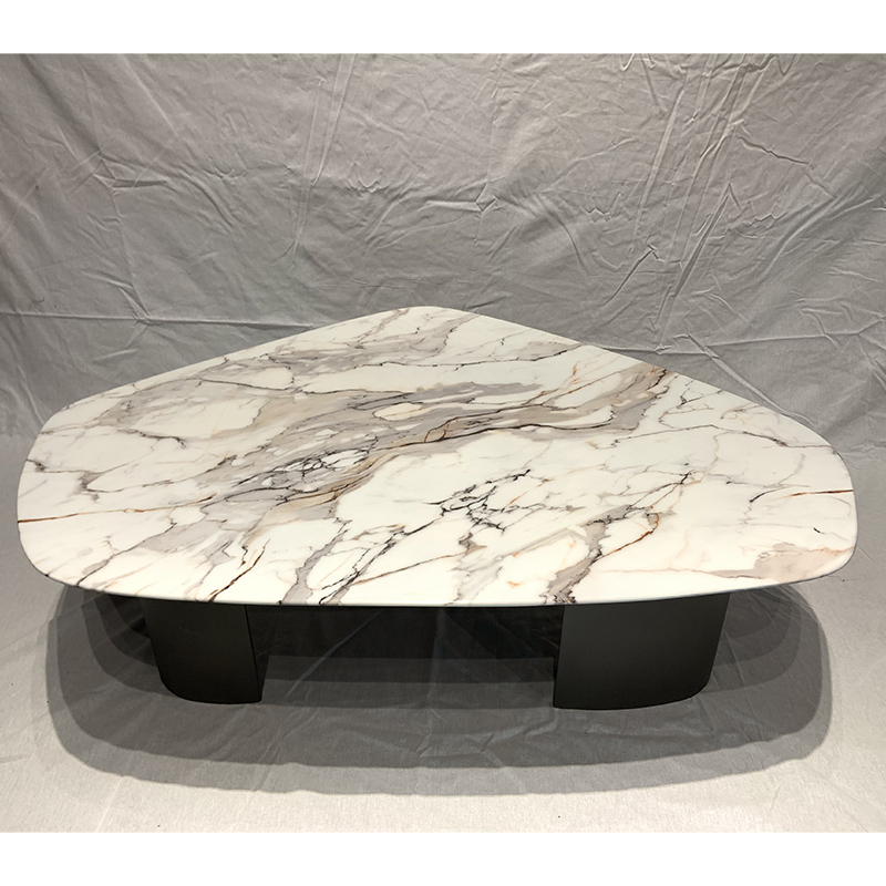 Italy design living room furniture triangle shape marble top tea table with metal powder coated base