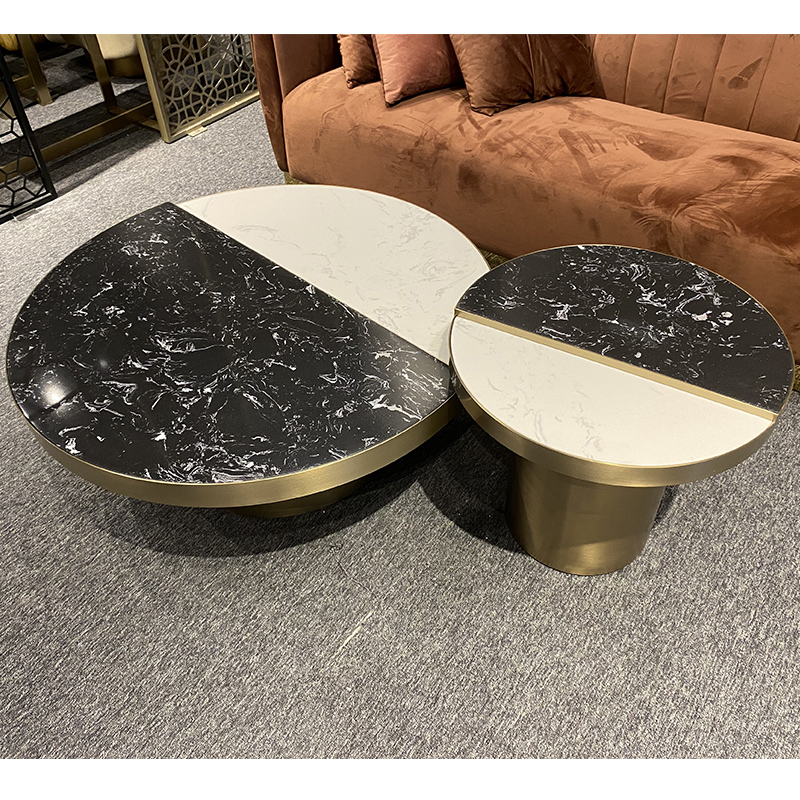 European hotel furniture living room tea table stone coffee table set round top with stainless steel base