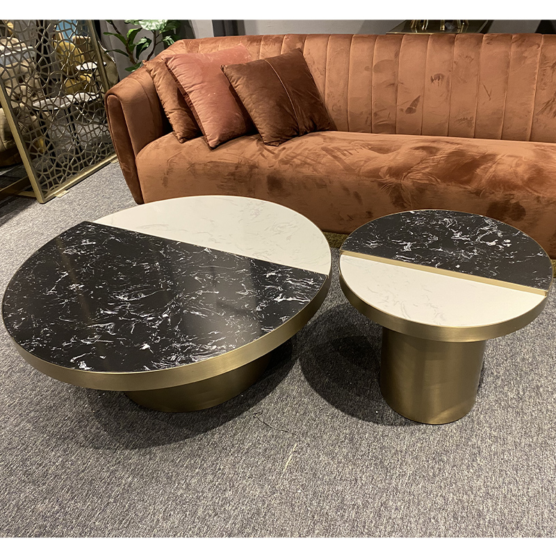 European hotel furniture living room tea table stone coffee table set round top with stainless steel base