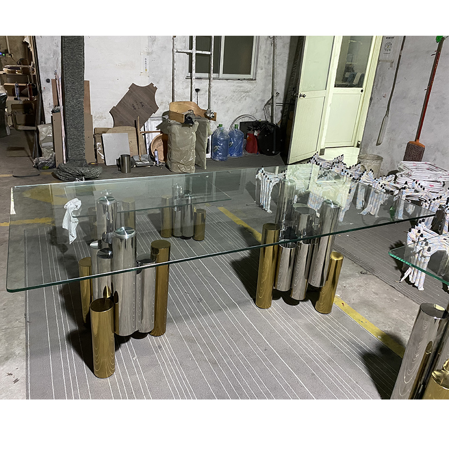 New design wholesale living room furniture cafeteria tables temper glass top dining table set for 8 with stainless steel base