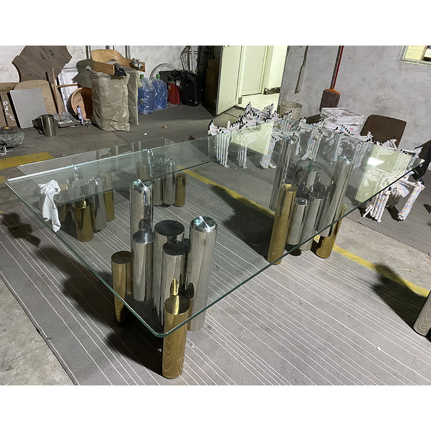 New design wholesale living room furniture cafeteria tables temper glass top dining table set for 8 with stainless steel base