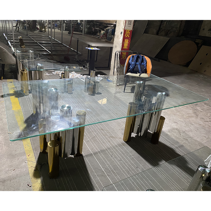 New design wholesale living room furniture cafeteria tables temper glass top dining table set for 8 with stainless steel base